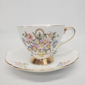 GLADSTONE BONE CHINA TEA CUP & SAUCER SET Happy Anniversary GOLD TRIM Floral